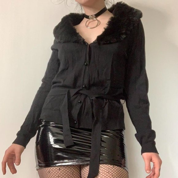 Simple Goth Glam Cardigan with Faux Fur Collar With Waist Tie - Picture 1 of 4